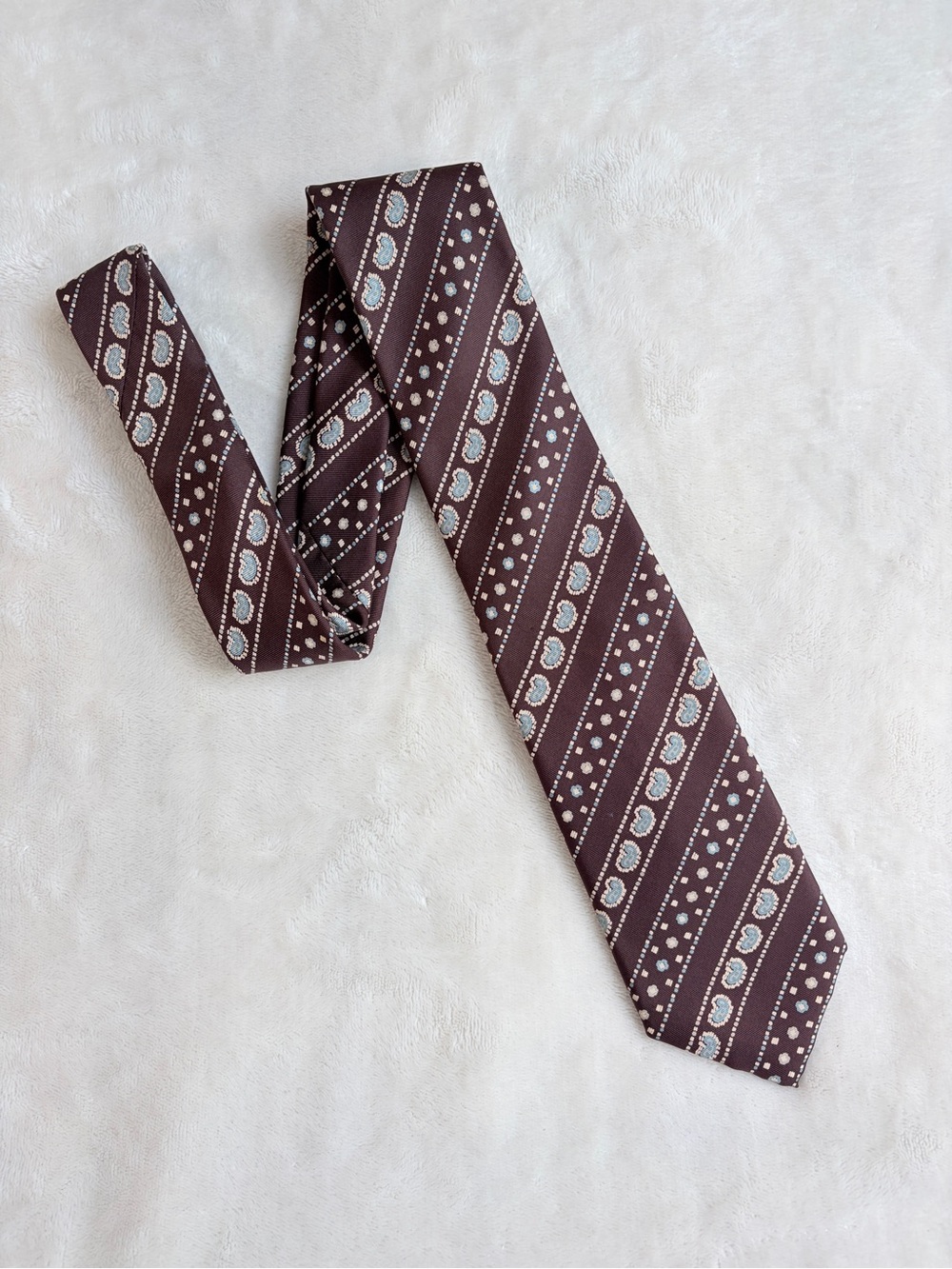 Made in California Brown Tie w Geometric Square Block and‎ Blue Kidney Accents